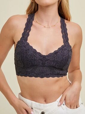 Free People Charcoal Lace Bralette Racerback Longline - Size Small